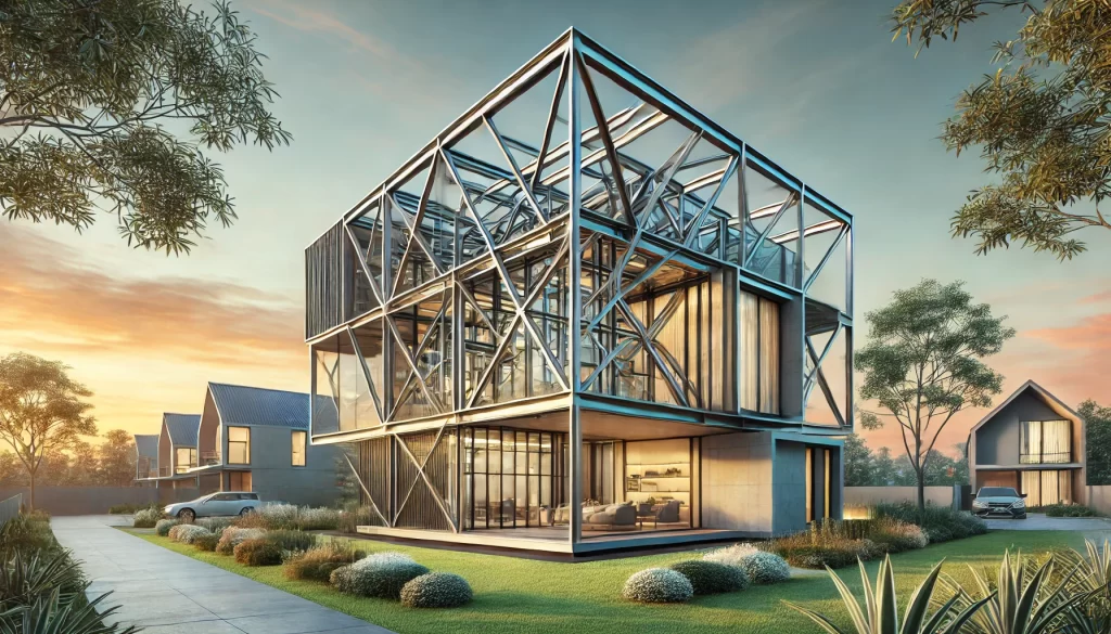 DALL·E-2024-12-18-07.09.57-A-modern-and-artistic-illustration-of-a-completed-steel-frame-house-with-a-unique-and-futuristic-design.-The-house-features-sleek-angular-architectur