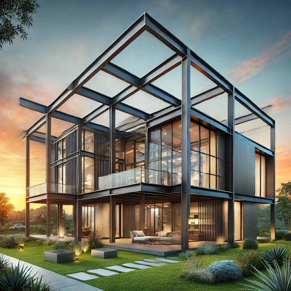 DALL·E-2024-12-18-07.10.39-A-modern-and-artistic-illustration-of-a-completed-steel-frame-house-with-a-unique-design-featuring-sleek-and-futuristic-architecture.-The-structure-i